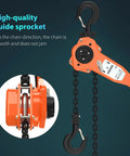 Beefy Lever Chain Hoist 1.5 Ton Capacity With 10ft G80 Chain Manual Ratchet Hoist in orange with close-up of guide sprocket.