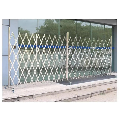 Wheeled Expandable Double Safety Gate Heavy Duty Stainless Steel Traffic Fence For Driveways And Garages locks down at entrance.