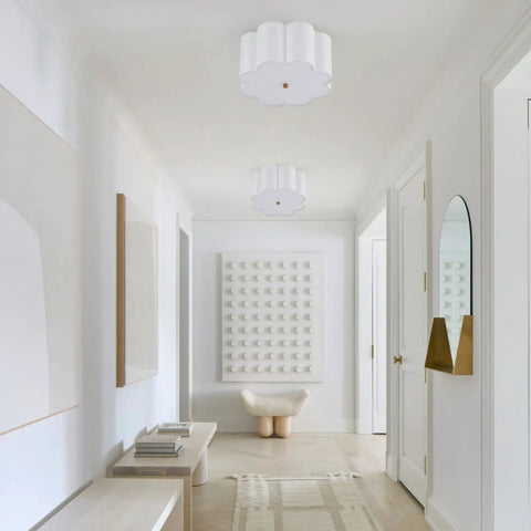 Semi Flush Mount Ceiling Light Fixture With Cream White Fabric Drum Shade Modern Close To Ceiling Lamp in hallway