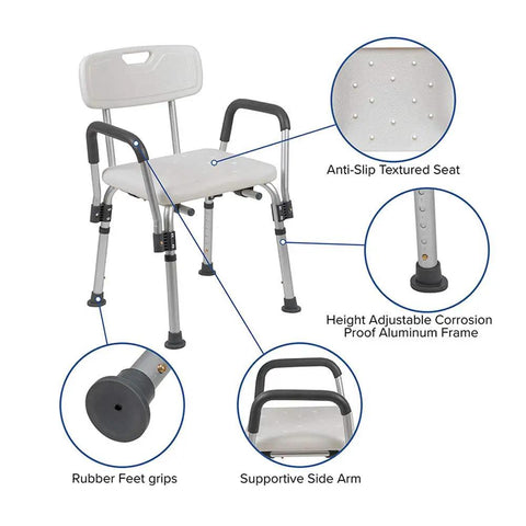 Adjustable White Bath And Shower Chair With Depth Adjustable Back, 300 Lb Capacity, Senior Safe Shower Seat For Elderly, Handicap And Post Surgical Use