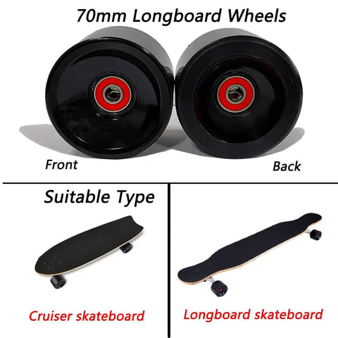 70Mm Longboard Wheel Set With 80A Hard PU, Preinstalled 608RS ABEC-9 Bearings, black wheels, cruisers, longboards