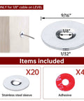 20 Pack Decorative Cable Railing Sleeve Protectors With Adhesive Grommets For One Eighth Inch Wire Rope On Wood Or Metal Posts, Stainless Steel Cable Deck Rail Guard Covers For A Clean Slick Look, showing dimensions and included items on wood post.