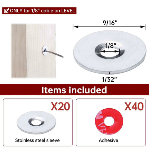 20 Pack Decorative Cable Railing Sleeve Protectors With Adhesive Grommets For One Eighth Inch Wire Rope On Wood Or Metal Posts, Stainless Steel Cable Deck Rail Guard Covers For A Clean Slick Look, showing dimensions and included items on wood post.