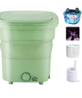 Totally Clutch Portable Foldable Washing Machine For Dorm Rooms And Tiny Spaces Super Handy Mini Laundry Spinner For Socks Underwear And Baby Clothes In Green, shown with tank and accessories.