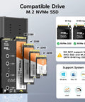 Killer Dual Bay Nvme Raid Enclosure For M2 Pcie Ssd with multiple compatible M.2 NVMe SSD sizes displayed on external unit.
