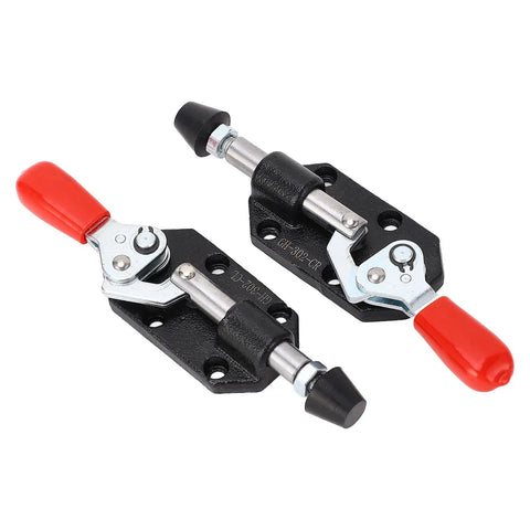 Beefy Cast Iron Push Pull Toggle Clamp With 20mm Stroke And 500 Lbs Holding Capacity, Built Tough Heavy Duty Clamp Tool For Woodworking, Welding, Molding, And Mould Making, Plastic Sleeve Handle, shown with red and black handles