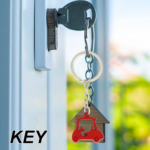 Red golf cart keychain on a key, part of the Two Piece Golf Keychains Set In Zinc Alloy Durable Golf Cart Key Ring With Golf Themed Design