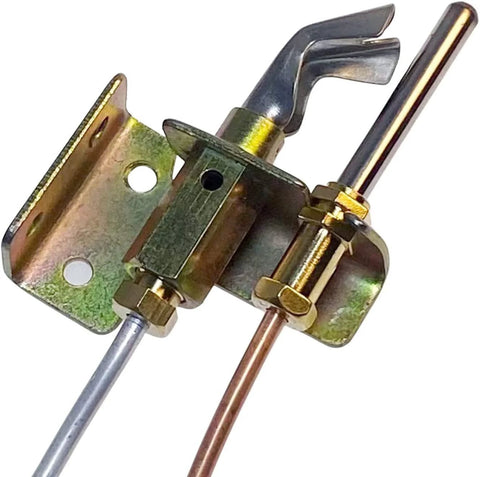 Close-up of water heater pilot assembly with thermocouple and natural gas copper tubing mounted on metal bracket