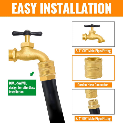 Double Female Garden Hose Connector 3/4 Inch Brass Swivel Adapter With Washers No Fuss Quick Connect Durable Outdoor Hose Fittings For Easy Leak Free Attachments To Most Standard Hoses, brass hose fitting shown on hose