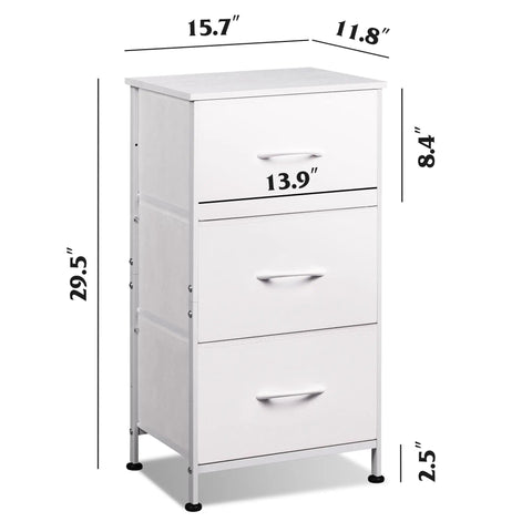 Three Drawer Fabric Storage Nightstand With Wood Top And Steel Frame Easy Pull Handles White Finish For Bedroom Hallway Entryway Closets