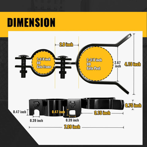 Dimensions of Black Chain Link Gate Latch for Fence Posts Spaced 1-3/8 to 2-3/8 Inches, Fits 1-3/8 Gate Frames and 2-3/8 Posts.