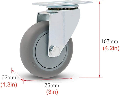 Built Tough Heavy Duty Caster Wheels Roll Like A Dream With Silent Glide 360 Degree Swivel Smooth Rubber Rollers For Everyday Furniture And Workbench Upgrade Three Inch Four Pack close-up view showing 3-inch TPR wheel with metal bracket.