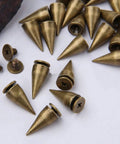 Sick 100 Sets Bronze Bullet Cone Spike Screwback Studs With Half Inch Zinc Alloy Hardware for DIY projects on display.