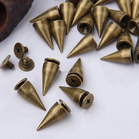Sick 100 Sets Bronze Bullet Cone Spike Screwback Studs With Half Inch Zinc Alloy Hardware for DIY projects on display.