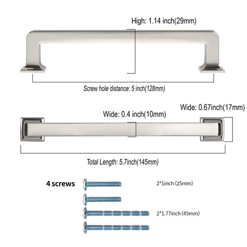 Diagram showing 10 Pack 5 Inch Brushed Satin Nickel Cabinet Pulls Zinc Alloy Kitchen Cabinet Handles dimensions and included screws