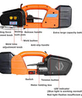 Electric Strapping Kit For 9 To 16Mm Plastic Bands With 4000Mah Battery powered machine tool showing features like knobs and handles.