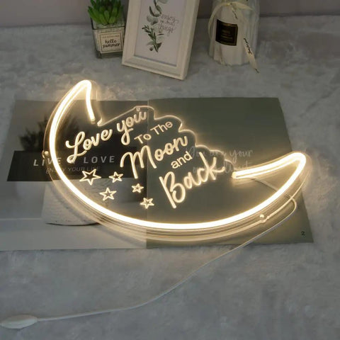Moon Neon Light Sign With Love You To The Moon And Back 3D Art, USB powered, warm white glow on table, bedroom decor