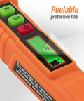 Close-up of a gas leak detector with dual sensitivity for home and RV, showing high sensitivity mode and protective film.