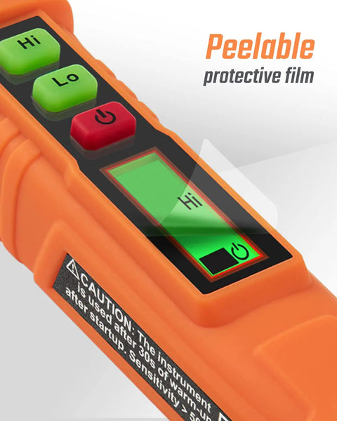 Close-up of a gas leak detector with dual sensitivity for home and RV, showing high sensitivity mode and protective film.