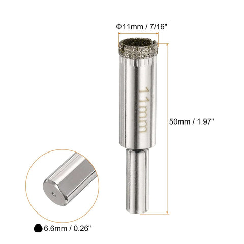 Diamond-coated tile drill bit, 11 mm diameter (7/16 in), 50 mm length with cylindrical shank.