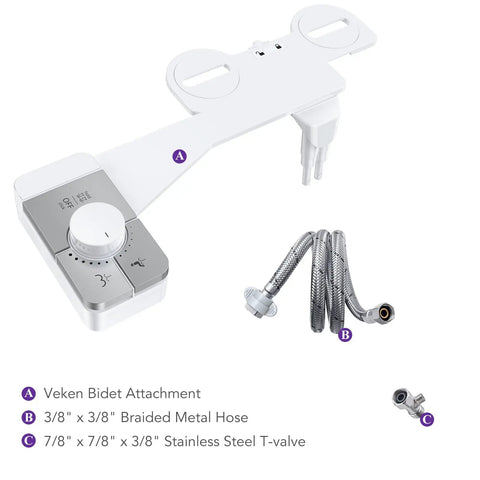Ultra Slim Dual Nozzle Bidet Attachment For Toilet Seat Self Cleaning Non Electric with braided metal hose and T-valve