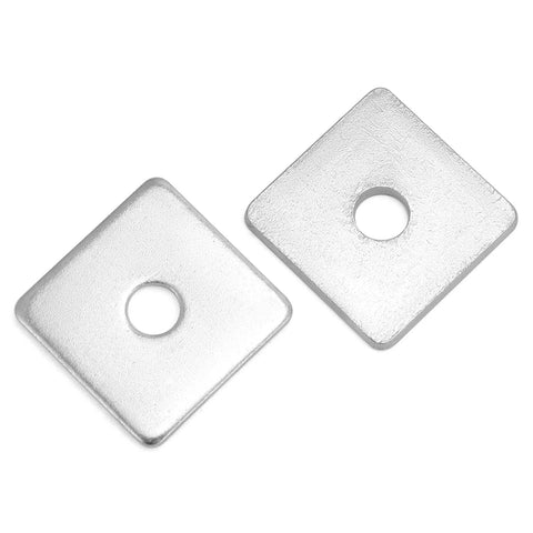 Two galvanized square washers with 1/2 in hole, 2x2 in outer size, 3/16 in thick