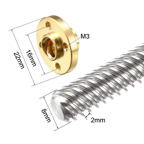 Close-up of T8 Lead Screw 8mm Diameter 350mm Length With 12 Lead Stainless Steel Lead Screw Rod And Copper Nut for 3D Printer Z Axis
