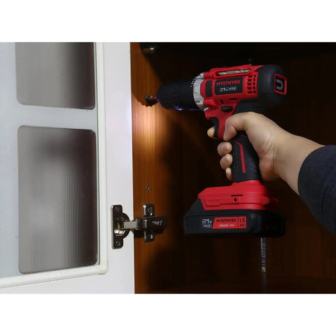 Using Powerhouse 21V Max Cordless Drill Driver Kit With Dual Batteries And Fast Charger 26 Accessories In Sturdy Case 30Nm Torque 2 Speed 24 1 Clutch 3 8 Inch Keyless Chuck Compact Electric Drill For Home Improvement And DIY Projects to install hinge on cabinet door.