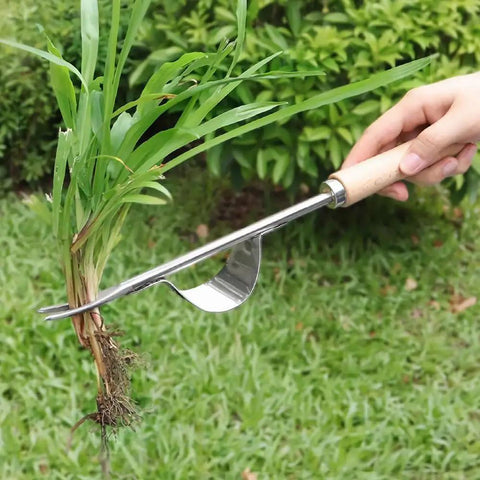 Back-Saving Garden Weeding Tool With Wood Handle And Stainless Steel Forks used to pull grass root from lawn