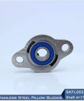 Heavy Duty Stainless Steel Pillow Block Mounted Bearings Support A 17mm Shaft Size While SKFL003 Design Offers Stability For Industrial Work And Wear Resistant Materials Ensure Reliability During Long Runs To Meet Shop Requirements Every Time. Stainless steel pillow block bearing, 17mm shaft, SKFL003, front view.
