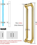 Installation diagram and dimensions of Hotel Hall Glass Door Handle, Modern Round Metal Push Pull Handle, Gold 80cm, for glass doors.