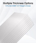 Leveling Shims Set For Precision Alignment In Machinery And Automotive With 30 Pcs Of 304 Stainless Steel Strips In Ten Thicknesses 0.0008 In 0.001 In 0.0016 In 0.0024 In 0.003 In 0.039 In 0.047 In 0.059 In 0.079 In 0.12 In Plus One Glove, multiple thickness options shown.