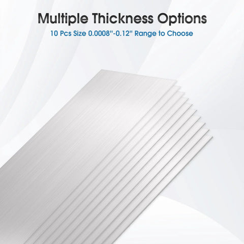 Leveling Shims Set For Precision Alignment In Machinery And Automotive With 30 Pcs Of 304 Stainless Steel Strips In Ten Thicknesses 0.0008 In 0.001 In 0.0016 In 0.0024 In 0.003 In 0.039 In 0.047 In 0.059 In 0.079 In 0.12 In Plus One Glove, multiple thickness options shown.