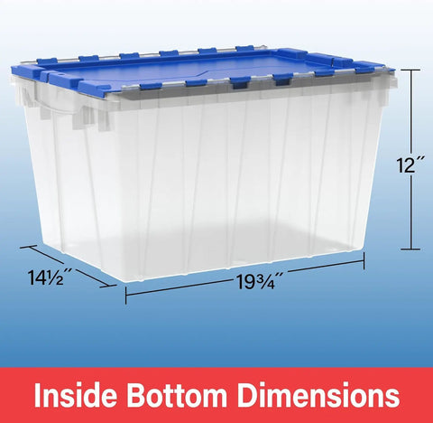 Heavy Duty 12 Gallon Storage Containers With Attached Lids, Stackable Workshop Totes For Garage Organization Setup, Built Like A Tank Plastic Bins In Black And Yellow dimensions illustration showing size 19.75x14.5x12 inches.