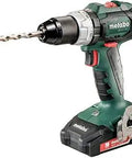 Green SB 18 LT BL 2x 2.0Ah Kit 18V Brushless Hammer Drill And Driver with metallic drill bit attached, front angle.