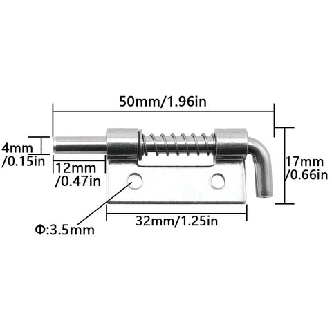 304 Stainless Steel Flat Pin Spring Latch Hinges 4 Pack For Cabinet Doors Upper And Lower Cabinets Boxes, shown with dimensions.