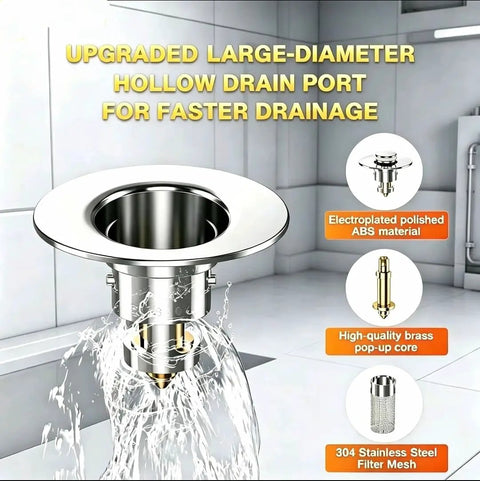 Universal Bathroom Sink Drain Stopper Pop Up Filter With 304 Stainless Steel Hair Catcher Strainer Basket in action draining water.
