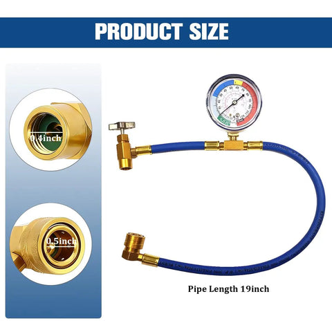 15.75 Inch R134a AC Charge Hose Kit With Pressure Gauge For Auto Air Conditioning Service Heavy Duty Aluminum Construction Leak Proof Fittings Quick Connect Ends Go To Tool For Your Shop Or Home Garage Easy To Use, 19-inch hose size