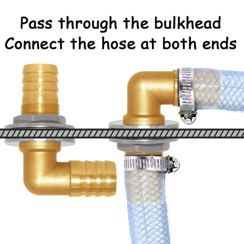 Two Pack Brass 90 Degree Barb Bulkhead Fittings For Three Quarter Inch OD showing elbow connection on hose and tank wall