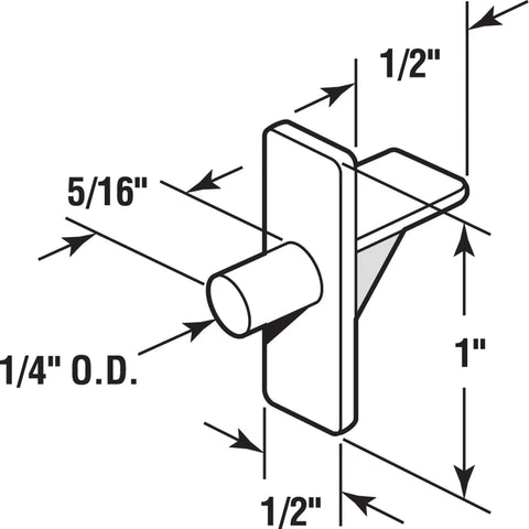 Illustration showing dimensions of one quarter inch clear plastic shelf support peg with 1/4 inch O.D.