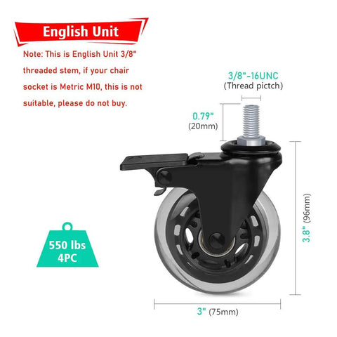 Premium 3 Inch Office Chair Casters Featuring 3/8 16 Tpi Imperial Threaded Stem Single Lockable Swivel Wheels, 3" height and 0.79" width.