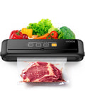 Automatic Vacuum Sealer Machine With Built In Cutter, 90KPa Vacuum, sealing meat with vegetables in view, black model