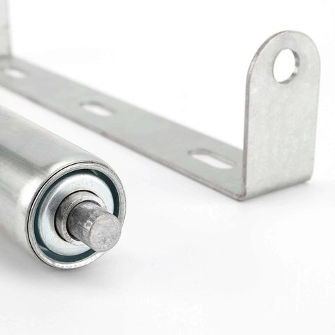 Close-up of Conveyor Rollers, 2 Pack 10 Inches Long Galvanized Steel Roller and Bracket Set, 1.5 Inch Diameter