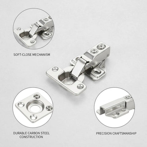 2.46 Inch Short Arm Hydraulic Cabinet Hinge with Soft Close, carbon steel hardware displayed with detail views of mechanism and construction.