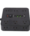 Flat Head Power Strip With 12 Ac Outlets And 4 Usb Ports, Multi Device Charging Station For Home Office Dorm Room And Gaming Setup, EtL Surge Protector Knocks Out Cord Chaos Fast, top view with power button.