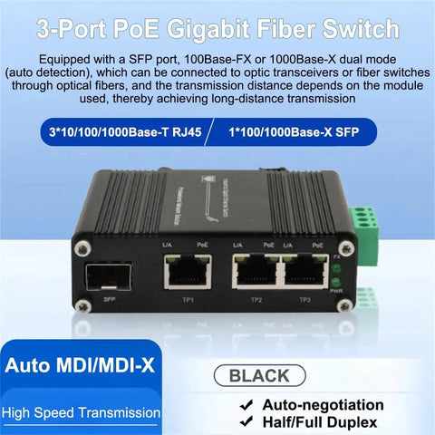 3 Port PoE Plus Gigabit Fiber Ethernet Switch Mini Unmanaged Network Switch With 100/1000M SFP Slot 12 To 48VDC Power Input