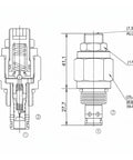 Pressure Relief And Balancing Valve For Low-Flow Hydraulics, Built To Last Shut-Off And Load-Holding Control, Check Valve For Power Outages, Solenoid Operated, Threaded Cartridge Valve, Single Color Finish technical drawing with sectional view and dimensions