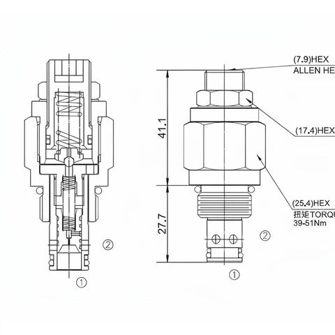 Pressure Relief And Balancing Valve For Low-Flow Hydraulics, Built To Last Shut-Off And Load-Holding Control, Check Valve For Power Outages, Solenoid Operated, Threaded Cartridge Valve, Single Color Finish technical drawing with sectional view and dimensions