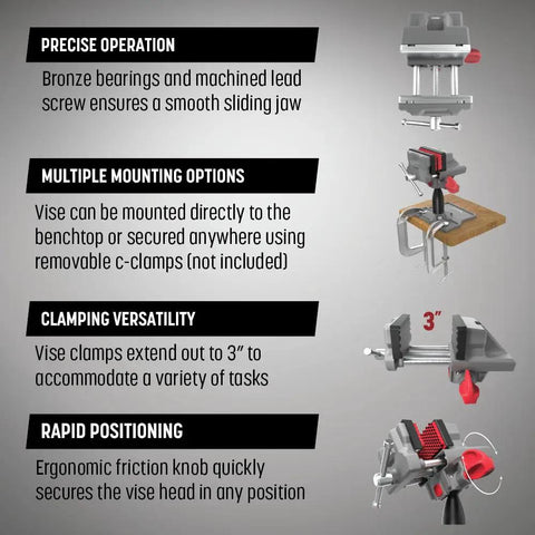 Diagram showing Gun Vise With 360 Swivel Head For Gunsmithing, detailed parts and features like mounting options and jaws.