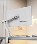 Ergonomic Desktop Monitor Mount With Buttery Smooth Mechanical Spring Arm For Single Screen, sleek white design on desk.